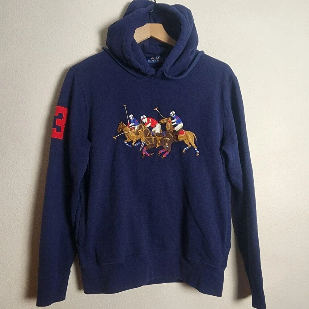 Polo Ralph Lauren Hoodie Mens Small Blue Pullover Polo Players Graphic 3 Sleeve